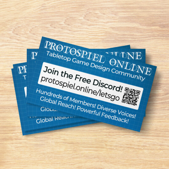 stack of 50 pre-printed Protospiel Online free Discord Community invite cards