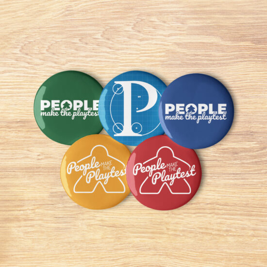 five pin buttons - Protospiel Online P Logo and People Make the Playtest slogans in 4 colors - red, blue, green, and yellow