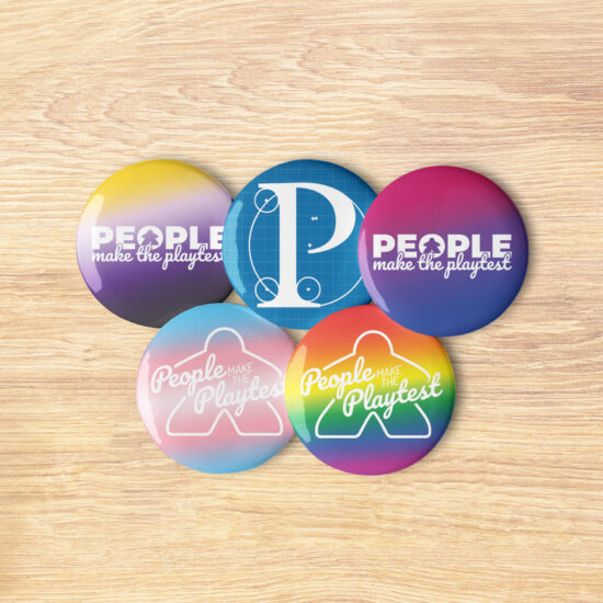 five pin buttons - Protospiel Online P Logo and People Make the Playtest slogans with 4 lgbtq pride colors: non-binary, trans, and bi pride plus the pride rainbow