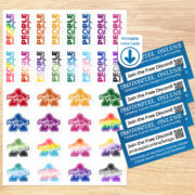 Sheet of LGBTQ pride and rainbow colored People Make the Playtest Stickers, 16 with an outer shape of a meeple and 16 with a meeple in the O of "People," shown at scale next to printed invite cards labeled with a "printable invite cards" download symbol
