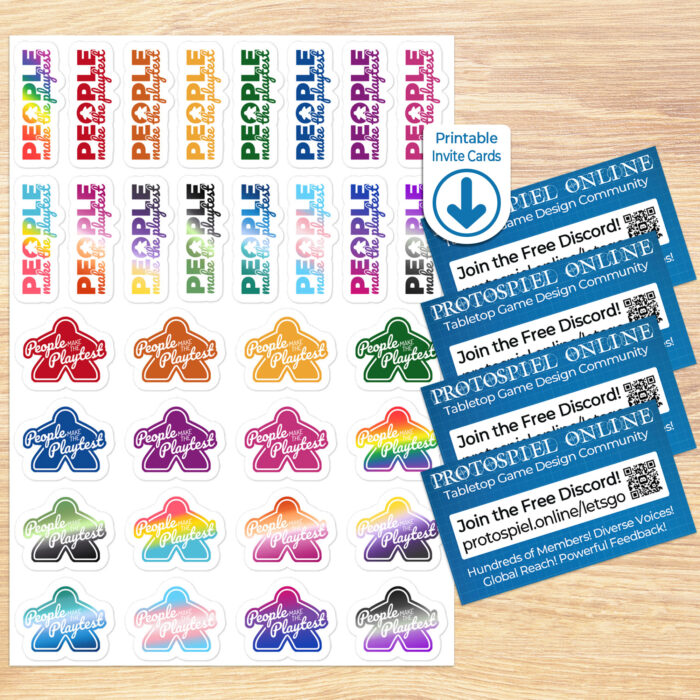 Sheet of LGBTQ pride and rainbow colored People Make the Playtest Stickers, 16 with an outer shape of a meeple and 16 with a meeple in the O of "People," shown at scale next to printed invite cards labeled with a "printable invite cards" download symbol