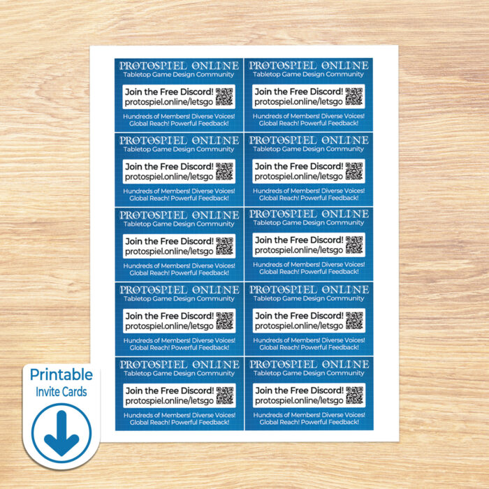1 Protospiel Online Free Discord Community invite card printable sheet with 10 invite cards on the sheet, labeled with a "printable invite cards" download symbol
