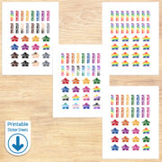 4 printable sheets of People Make the Playtest Stickers, each sheet has 16 stickers with an outer shape of a meeple and 16 with a meeple in the O of "People" and has a different combination and arrangement of colors, labeled with a "printable sticker sheets" download symbol