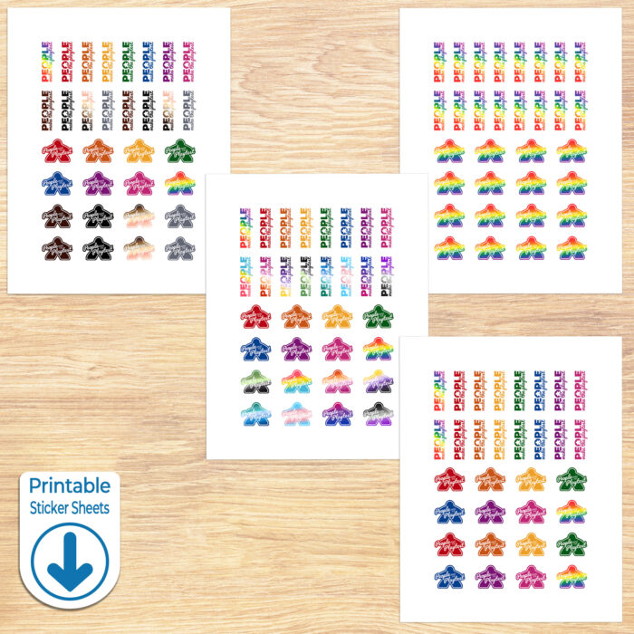 4 printable sheets of People Make the Playtest Stickers, each sheet has 16 stickers with an outer shape of a meeple and 16 with a meeple in the O of "People" and has a different combination and arrangement of colors, labeled with a "printable sticker sheets" download symbol