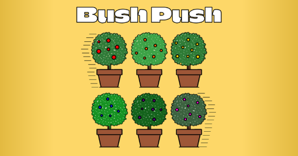 Six differently colored bushes, with movement lines