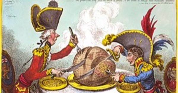 A political cartoon showing a British and a French aristocrat carving up the globe with dinner knives.