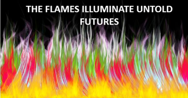 A multicolored flame that transitions between orange,pink,red and green hues. Above the flame is title text 