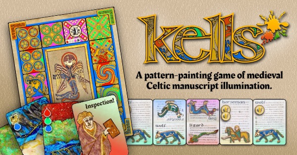 Kells: A pattern-painting game of medieval Celtic manuscript illumination. Player board with patterned tiles and cards on a table.