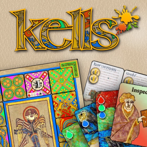 Kells logo with part of player board, resource cards, and Scripture Page cards