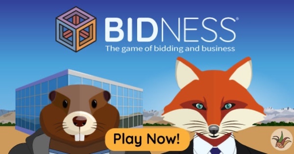 Cover of the board game BIDNESS featuring the popular Beaver and Fox characters.