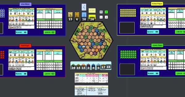 Image of online board game with game board and four player sets of cards