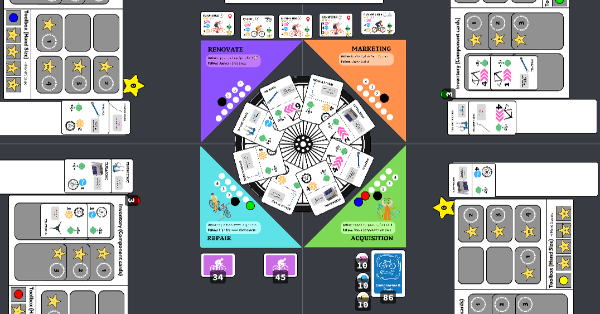 Screentop version of a wheel board with cards and tokens on it.