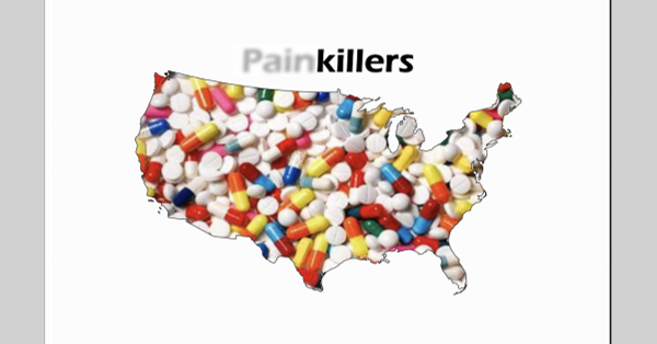 An outline of the United States filled with various types of prescription pills. The word Painkillers over the top with the first four letters grayed and blurred.