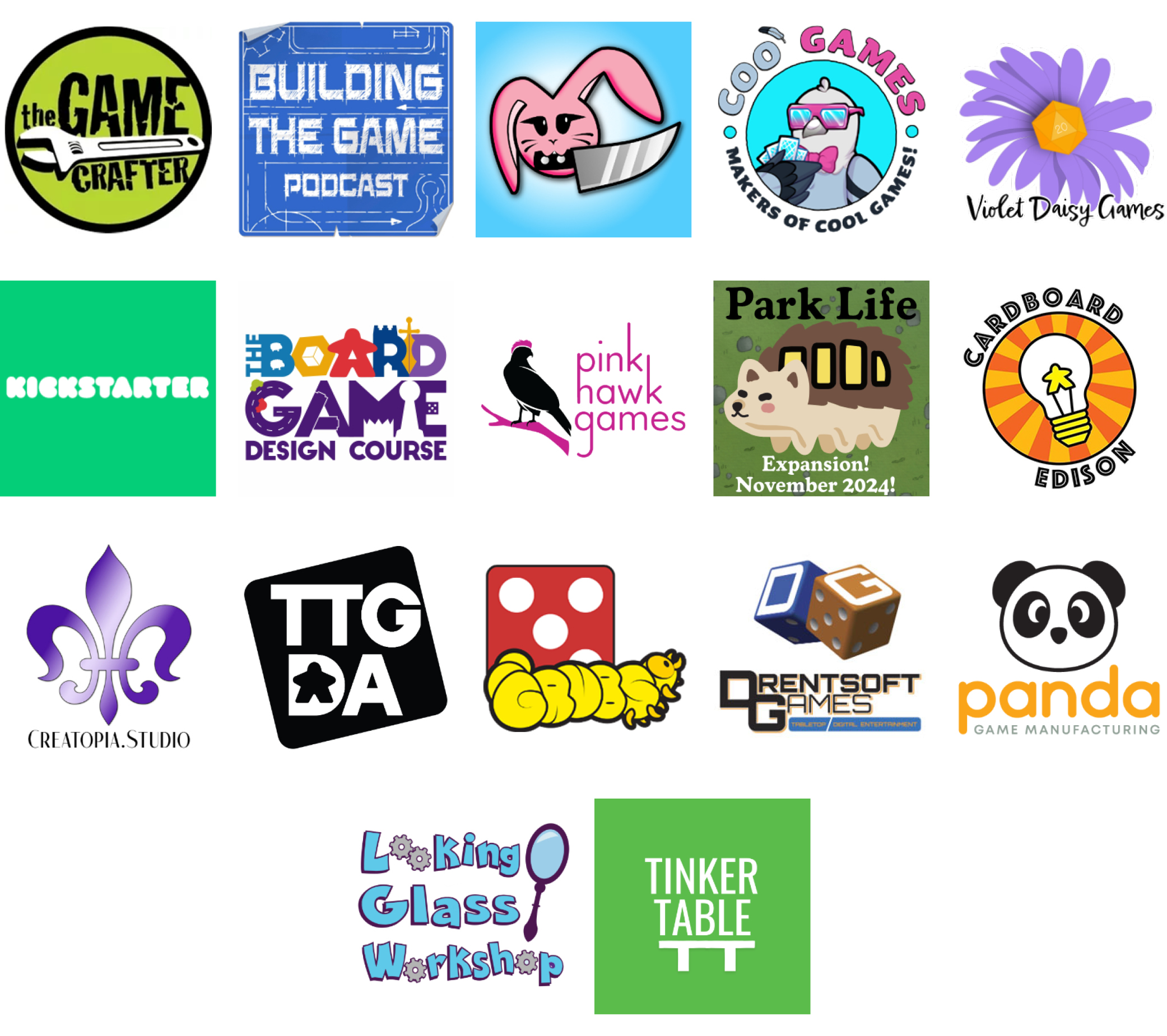 Sponsor logos for August 2024: The Game Crafter, Building the Game Podcast, Knife Bunny, Coo Games, Violet Daisy Games, Kickstarter, The Board Game Design Course, Pink Hawk Games, Charming Games Collective, Cardboard Edison, Creatopia, TTGDA, GRUBS, Drentsoft Games, Panda Game Manufacturing, Looking Glass Workshop, Tinker Table