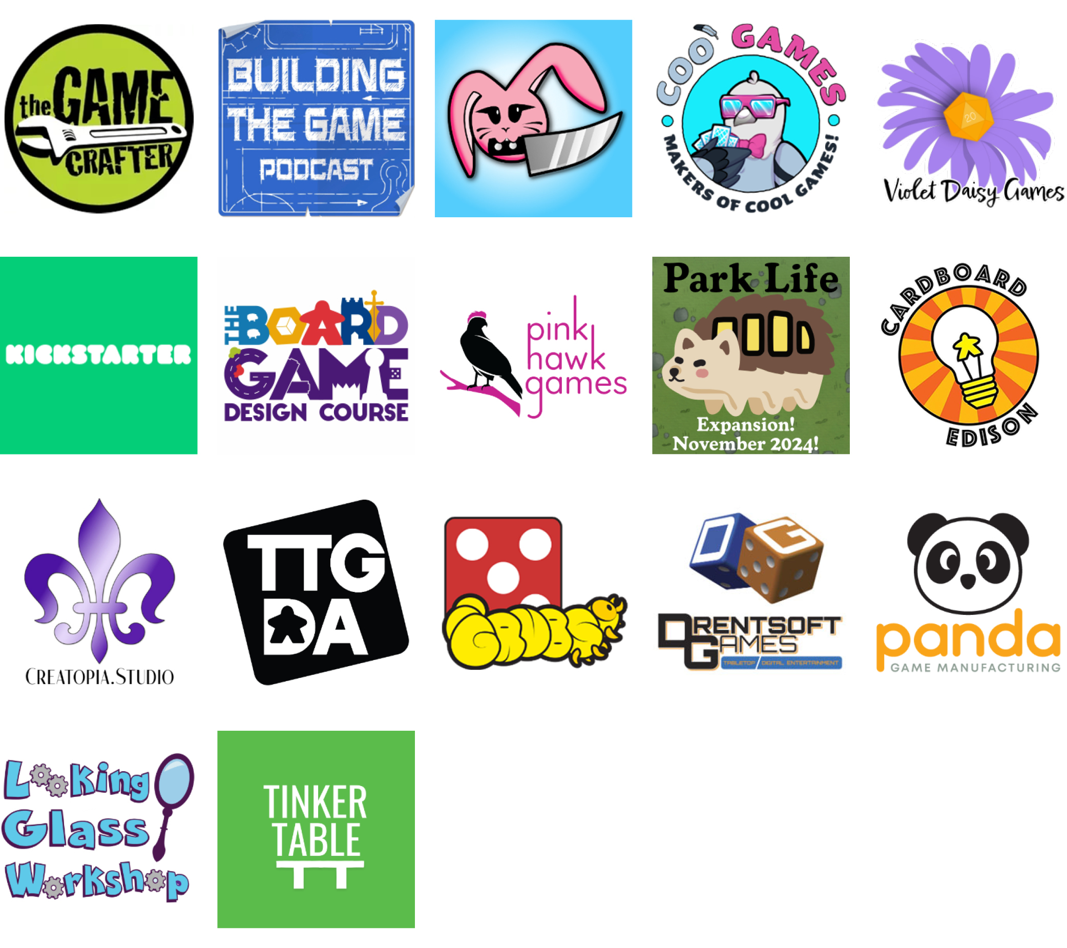 Sponsor logos for August 2024: The Game Crafter, Building the Game Podcast, Knife Bunny, Coo Games, Violet Daisy Games, Kickstarter, The Board Game Design Course, Pink Hawk Games, Charming Games Collective, Cardboard Edison, Creatopia, TTGDA, GRUBS, Drentsoft Games, Panda Game Manufacturing, Looking Glass Workshop, Tinker Table