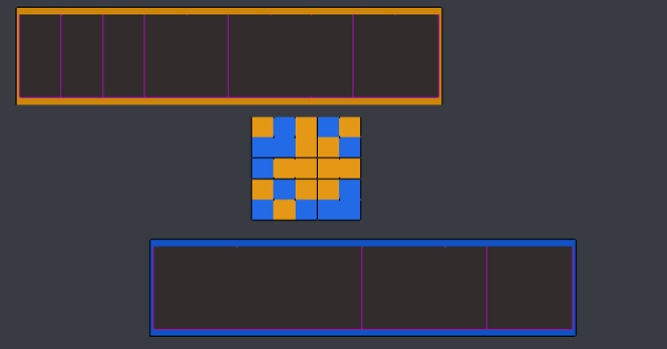 Top and Bottom: Orange/blue rectangles filled with black rectangles that have a purple stroke.  Middle: A 5x5 grid of mixed blue and orange squared.