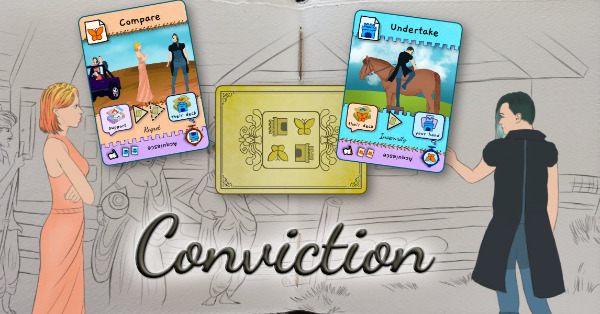 Two people having a public disagreement.  There is a sabotage card, a compare card, and the conviction deck overlaid.