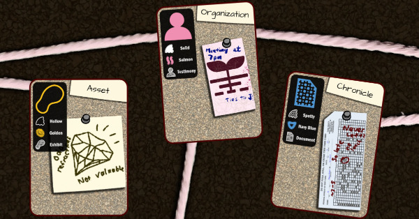 A variety of cards depicting evidence on a corkboard with string