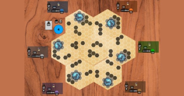 Overview of the gameboard set up for 6 players.