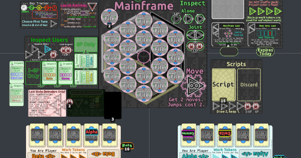 Intrusion Confusion screenshot with the center Mainframe, auxiliary boards, and two player boards showing