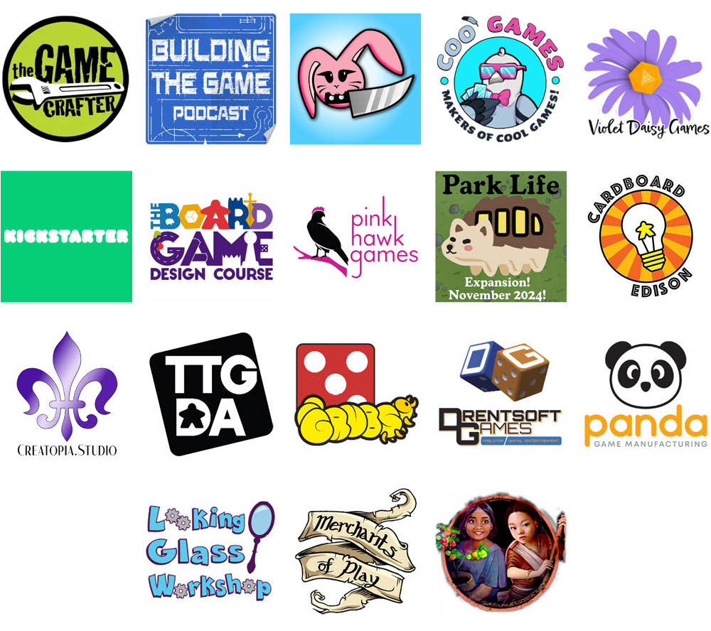 Sponsor logos for August 2024: The Game Crafter, Building the Game Podcast, Knife Bunny, Coo Games, Violet Daisy Games, Kickstarter, The Board Game Design Course, Pink Hawk Games, Charming Games Collective, Cardboard Edison, Creatopia, TTGDA, GRUBS, Drentsoft Games, Panda Game Manufacturing, Looking Glass Workshop, Merchants of Play, Rakshasa Games - Witches' Quarrel