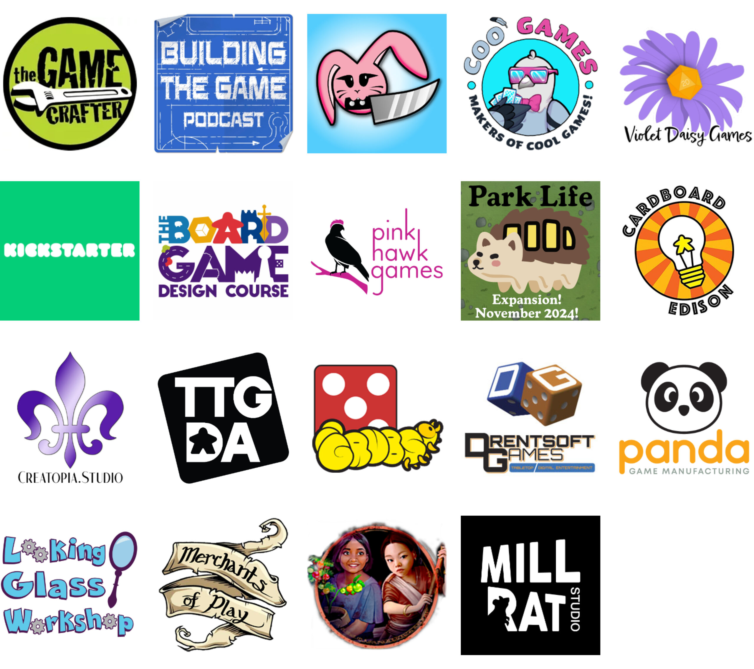 Sponsor logos for January 2025: The Game Crafter, Building the Game Podcast, Knife Bunny, Coo Games, Violet Daisy Games, Kickstarter, The Board Game Design Course, Pink Hawk Games, Charming Games Collective, Cardboard Edison, Creatopia, TTGDA, GRUBS, Drentsoft Games, Panda Game Manufacturing, Looking Glass Workshop, Merchants of Play, Rakshasa Games, MILLRAT Studio