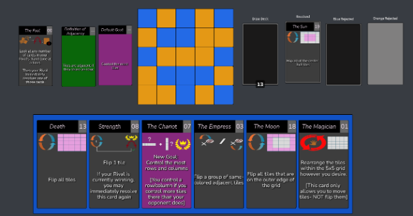 A 5x5 grid of blue and orange tiles surrounded by several cards