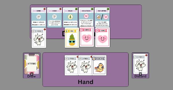 A tableau of habit cards and a hand of attitude cards. Attitude cards are played onto those habit cards, activating their abilities.