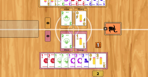 A hand of cards and four cards played into the center. Cards have images representing different basketball moves and energy levels.