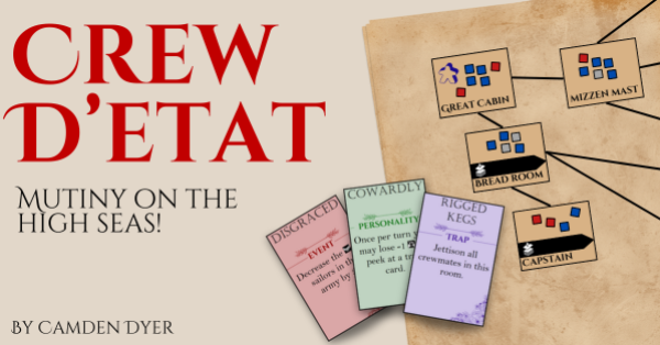 Crew D'etat. Mutiny on the High Seas! A board game by Camden Dyer about swapping factions to outwit your enemies and seize victory.