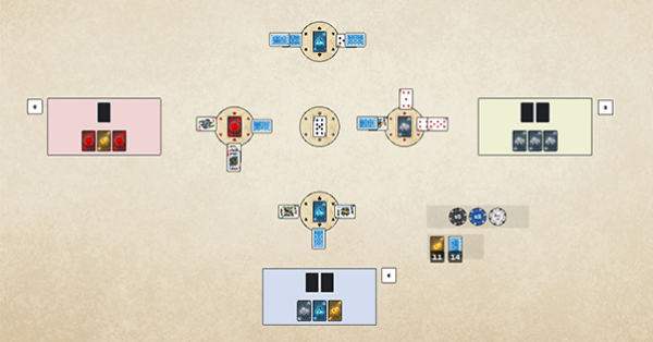 A table with a card game playing on it. There are five disks in the center of the table. Four of them have a card showing a kind of resource on them, and one has a face-up playing card. The resource disks all have playing cards played face up and face down on three of their sides.