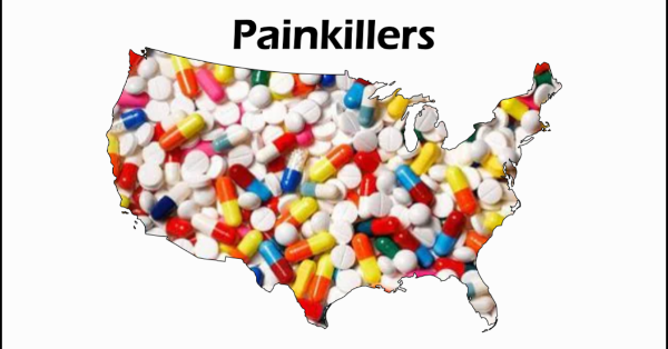 An outline of the United States of America, filled with prescription medication. The word Painkillers across the top.