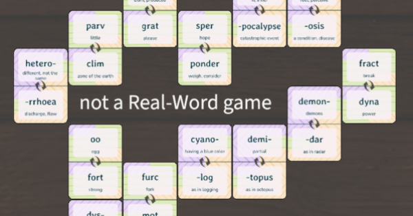 playing cards with word parts like prefix, suffix, and root words. Each card has 2 parts and all are color and pattern-coded for placement. The cards are arranged in a way that makes some absurd words and the background says 