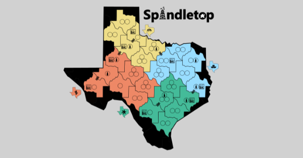 The shape of Texas made up of many smaller Texases with the name Spindletop in the top right corner.