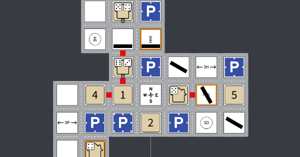 Top down view of city blocks. Game pieces representing housing, businesses, parking lots, highways. Dice representing people.