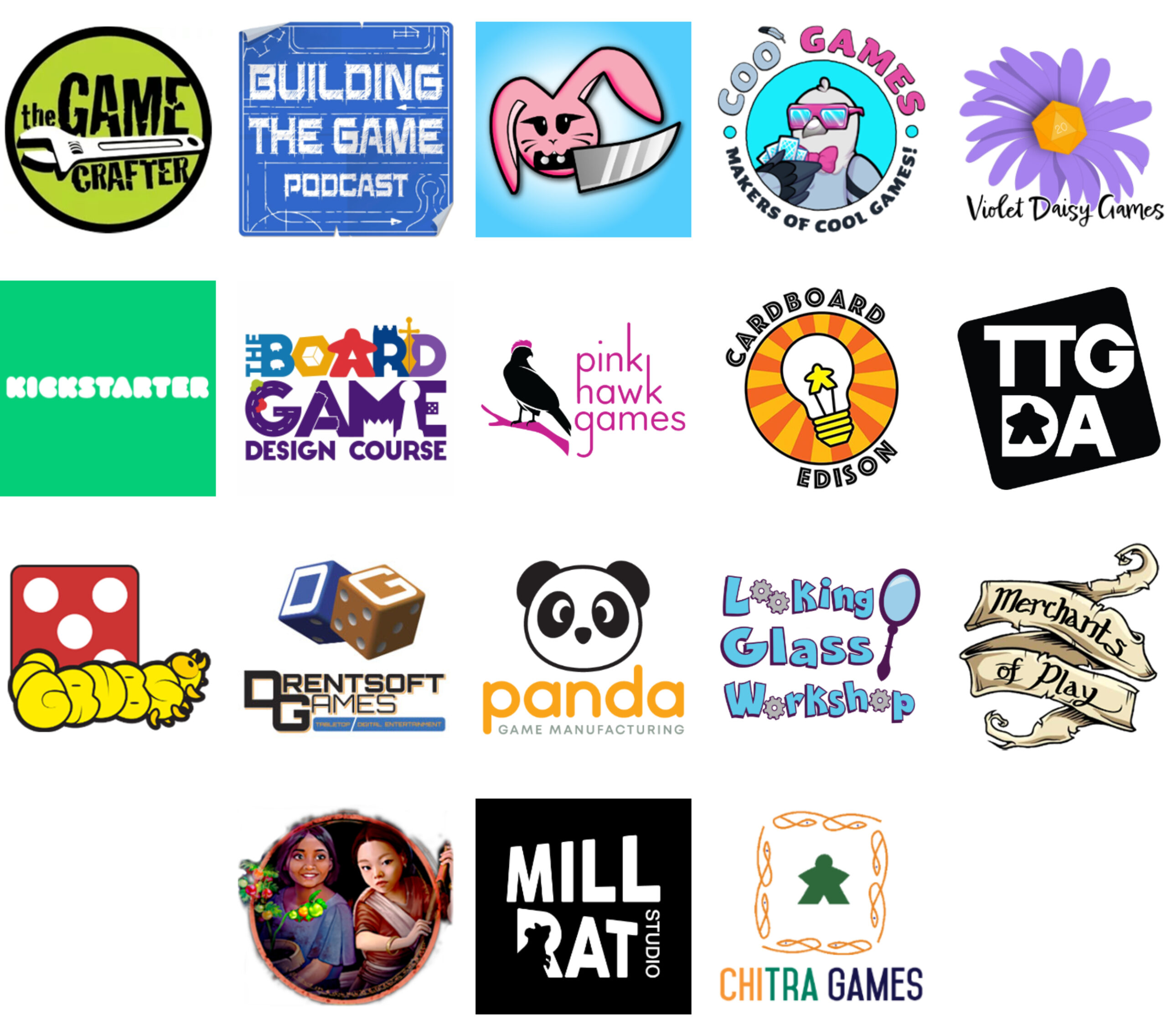 Sponsor logos for January 2025: The Game Crafter, Building the Game Podcast, Knife Bunny, Coo Games, Violet Daisy Games, Kickstarter, The Board Game Design Course, Pink Hawk Games, Cardboard Edison, TTGDA, GRUBS, Drentsoft Games, Panda Game Manufacturing, Looking Glass Workshop, Merchants of Play, Rakshasa Games, MILLRAT Studio, Chitra Games