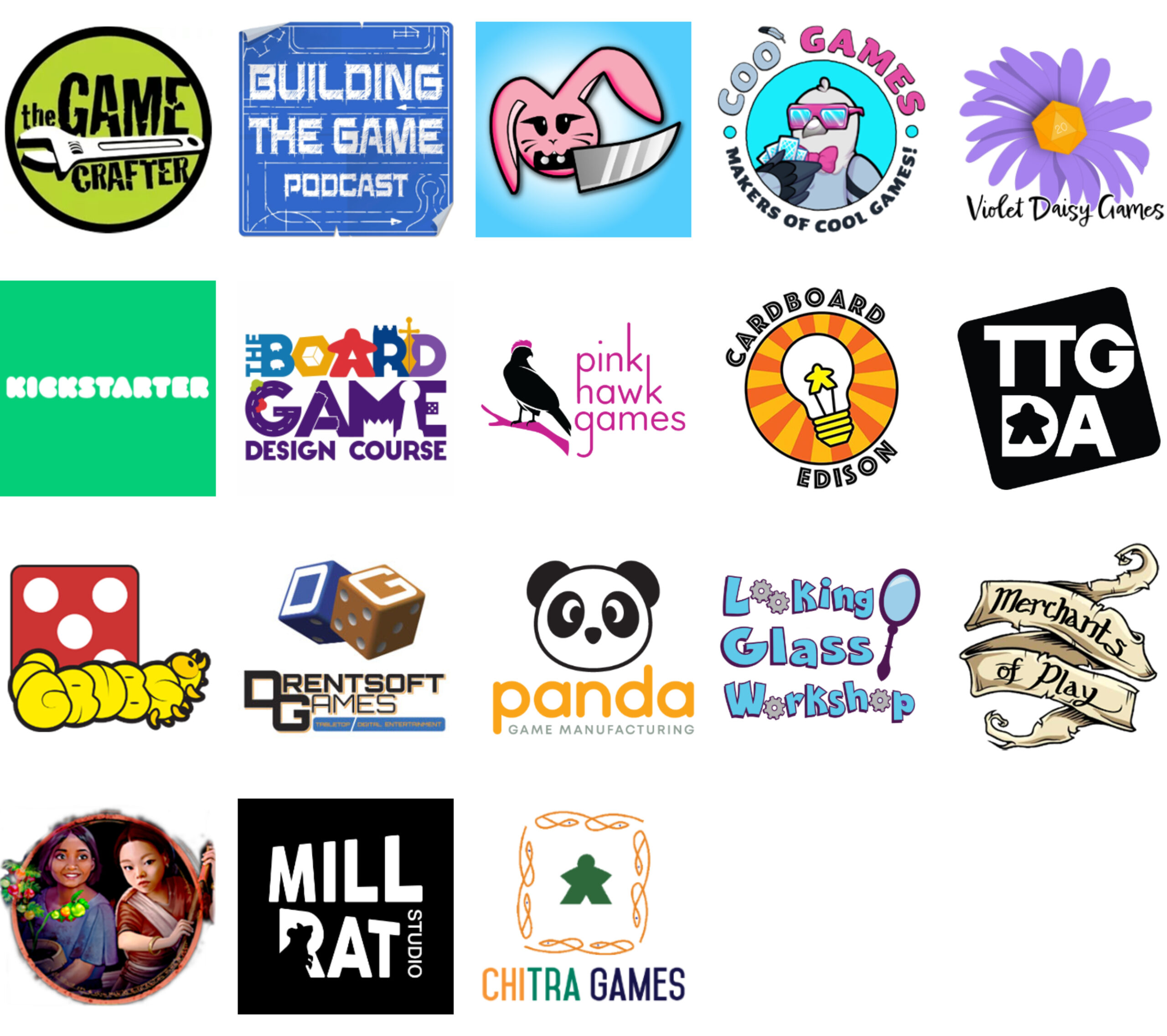 Sponsor logos for January 2025: The Game Crafter, Building the Game Podcast, Knife Bunny, Coo Games, Violet Daisy Games, Kickstarter, The Board Game Design Course, Pink Hawk Games, Cardboard Edison, TTGDA, GRUBS, Drentsoft Games, Panda Game Manufacturing, Looking Glass Workshop, Merchants of Play, Rakshasa Games, MILLRAT Studio, Chitra Games