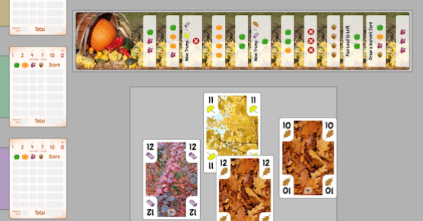 Playing cards with images of leaves and numbers from 1 to 12.