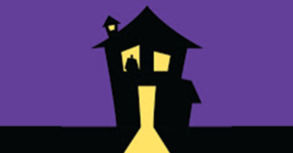 Open House Mystery Parties Logo, dark house with light shining from door