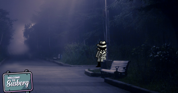 Picture of a secret agent hiding behind a lamp post in a park.