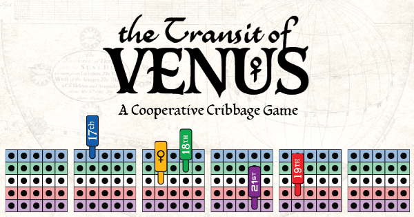 Transit of Venus logo with a cribbage board and several pegs representing venus and different centuries