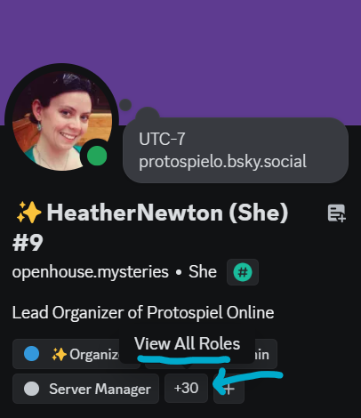 a screenshot of a member's server profile with an arrow to the + button for the View All Roles option