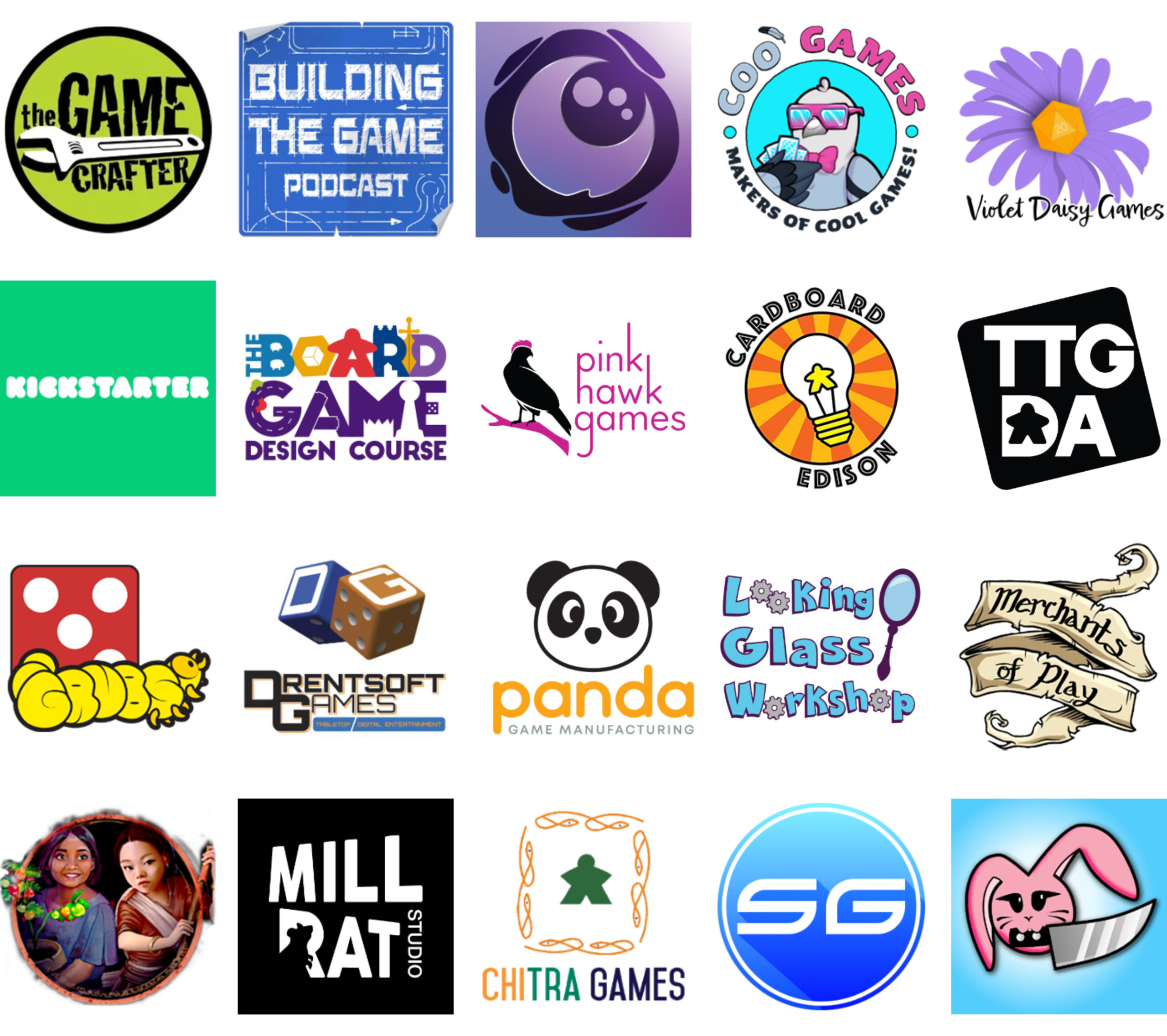 Sponsor logos for January 2025: The Game Crafter, Building the Game Podcast, Lunarpunk Games, Coo Games, Violet Daisy Games, Kickstarter, The Board Game Design Course, Pink Hawk Games, Cardboard Edison, TTGDA, GRUBS, Drentsoft Games, Panda Game Manufacturing, Looking Glass Workshop, Merchants of Play, Rakshasa Games, MILLRAT Studio, Chitra Games, Soucy Games, Knife Bunny