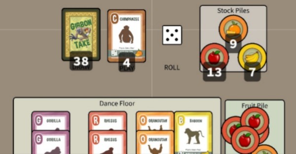 A game of Gibbon Take in Screentop.gg tableau with a dance floor full of primates and collected fruit