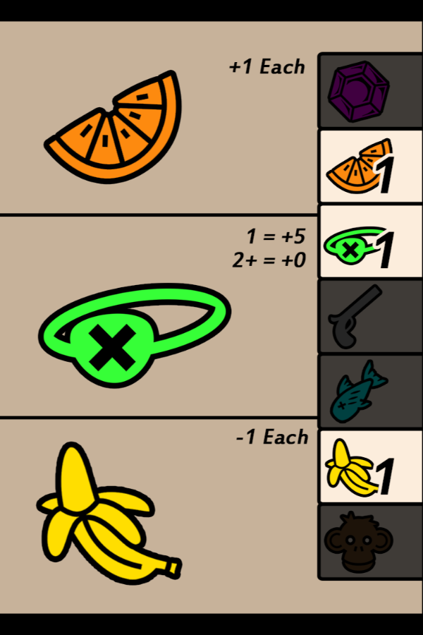 A Booty card with the Orange, Eyepatch and Banana scoring conditions.