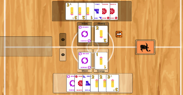Cards with basketball move symbols and energy numbers, on a background that looks like a basketball court.