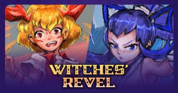 Two illustrated witches — a red one with a fiery smile and a blue one with an intense expression — face each other; the logo underneath them reads WITCHES' REVEL.