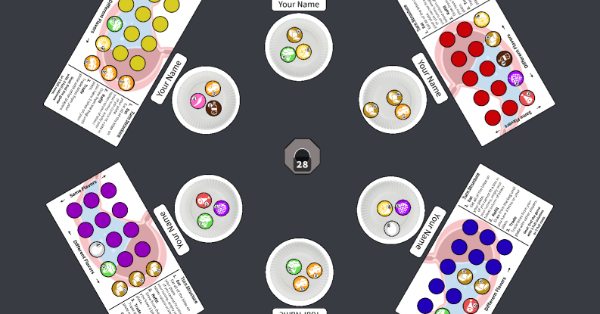 Plates with tokens that represent bites of food and score tracks that represent stomachs.