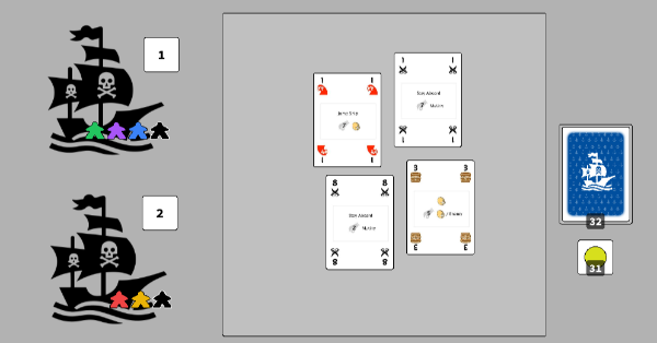 Picture of pirate ships with meeples on them, and playing cards with numbers and suits
