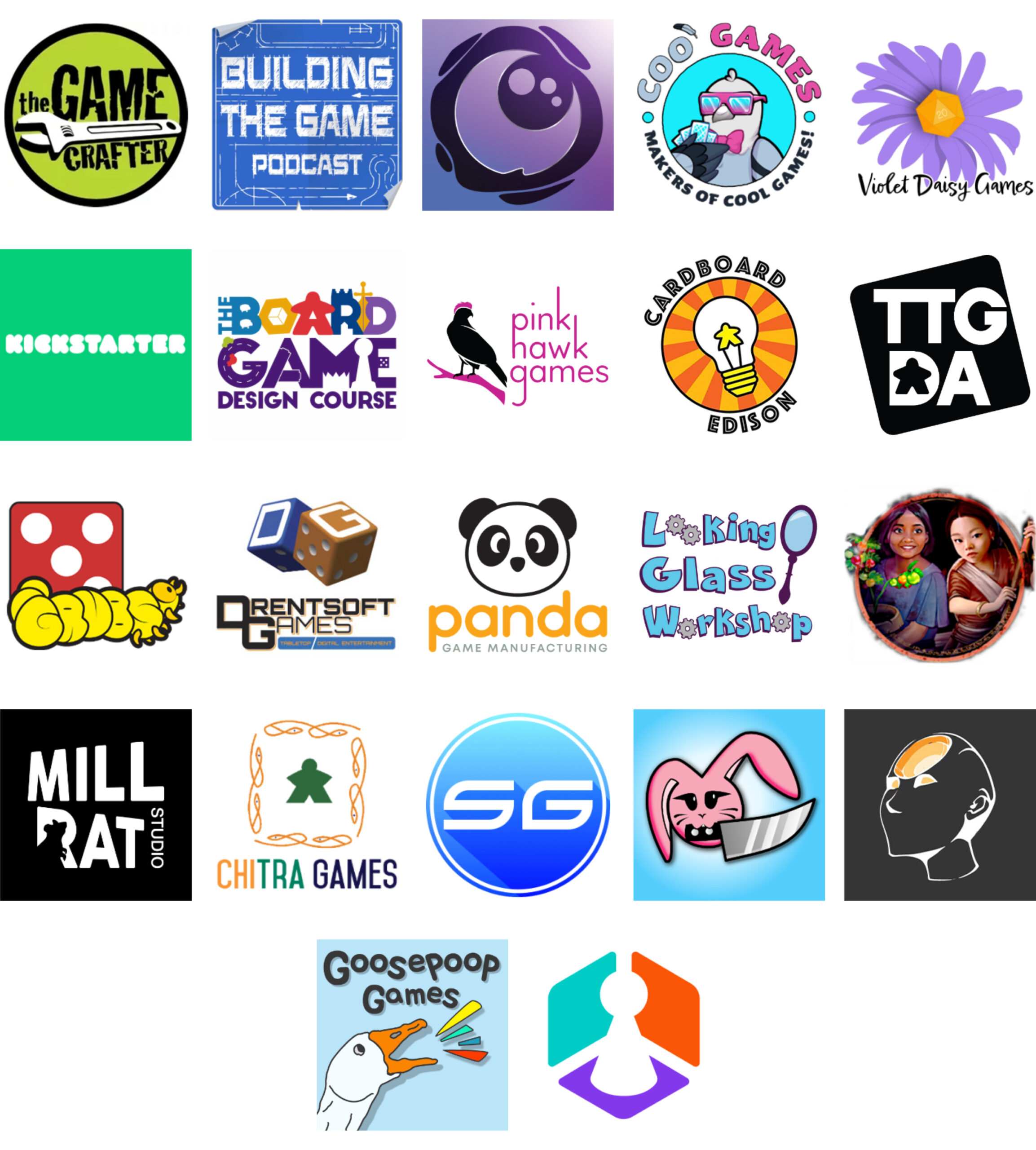 Sponsor logos for January 2025: The Game Crafter, Building the Game Podcast, Lunarpunk Games, Coo Games, Violet Daisy Games, Kickstarter, The Board Game Design Course, Pink Hawk Games, Cardboard Edison, TTGDA, GRUBS, Drentsoft Games, Panda Game Manufacturing, Looking Glass Workshop, Rakshasa Games, MILLRAT Studio, Chitra Games, Soucy Games, Knife Bunny, Mindgate Studios, Goosepoop Games, Boardssey